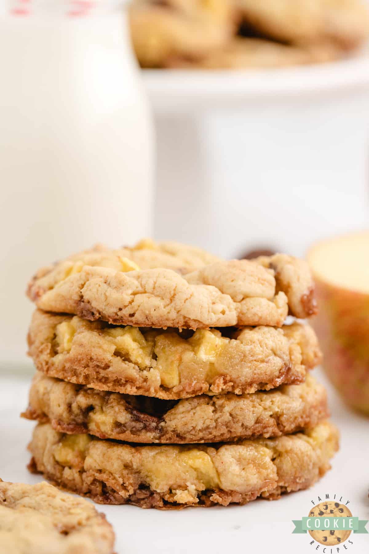 Stack of cake mix cookies made with apples and chocolate caramel candies