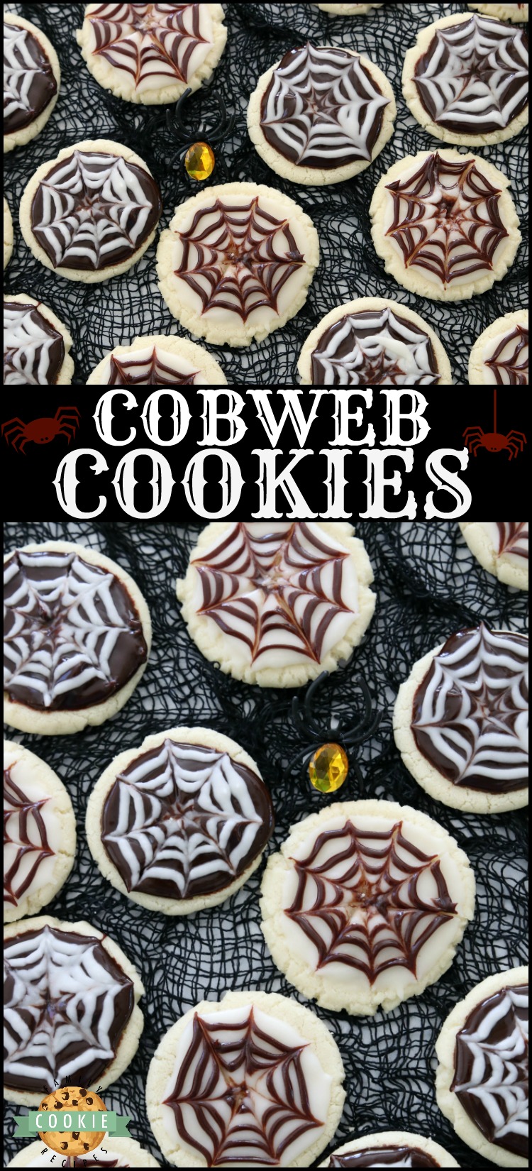 Halloween Cobweb Cookies are spectacularly spooky and completely delicious! Sugar cookies topped with chocolate & vanilla icing- no coloring! Quick & easy spider web design made in seconds. Perfect Halloween treats! #cookies #frosting #halloween #baking #trickortreat #dessert FAMILY COOKIE RECIPES