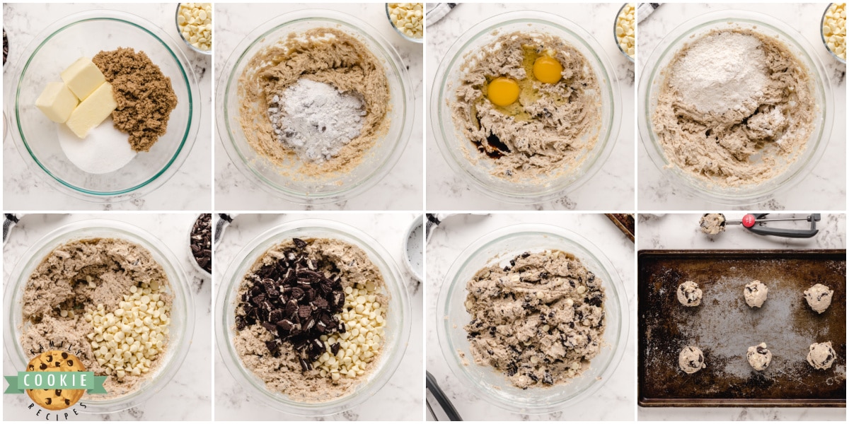 Step by step instructions on how to make Cookies & Cream Cookies