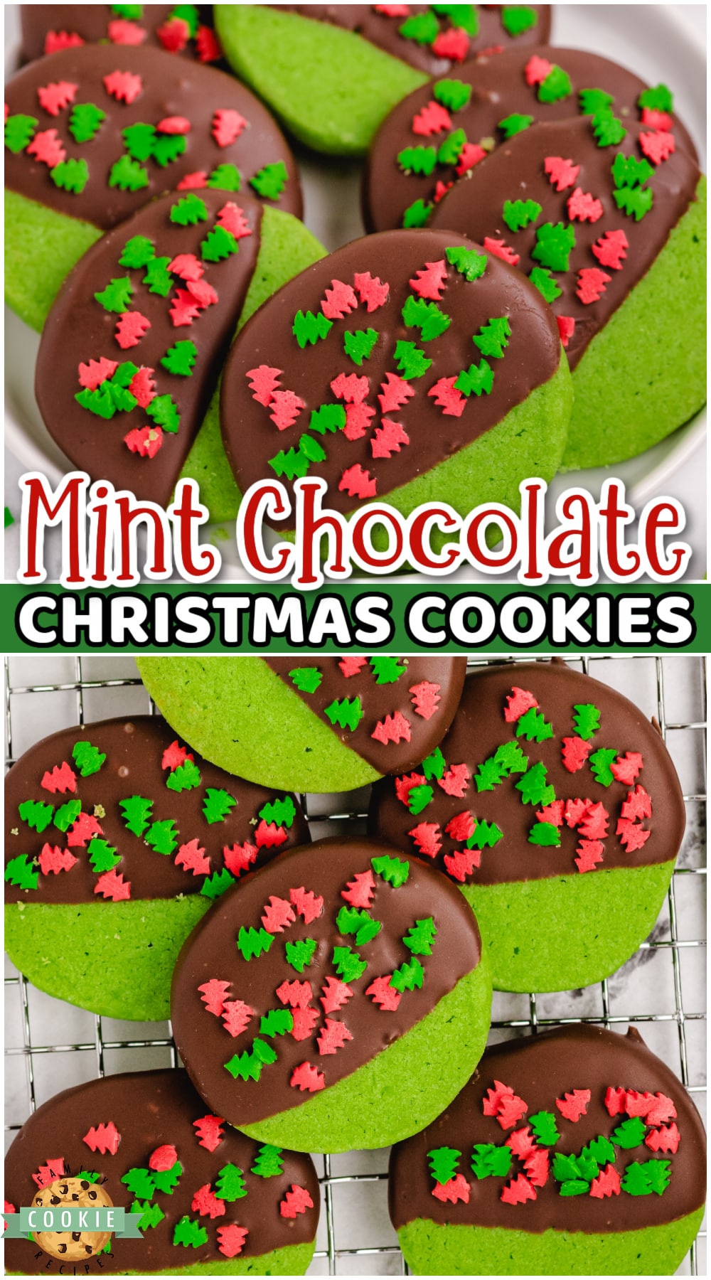Mint Christmas Cookies made from a buttery shortbread cookie dipped in chocolate & topped with holiday sprinkles. Green Christmas Cookies perfect for cookie exchanges and gift plates!