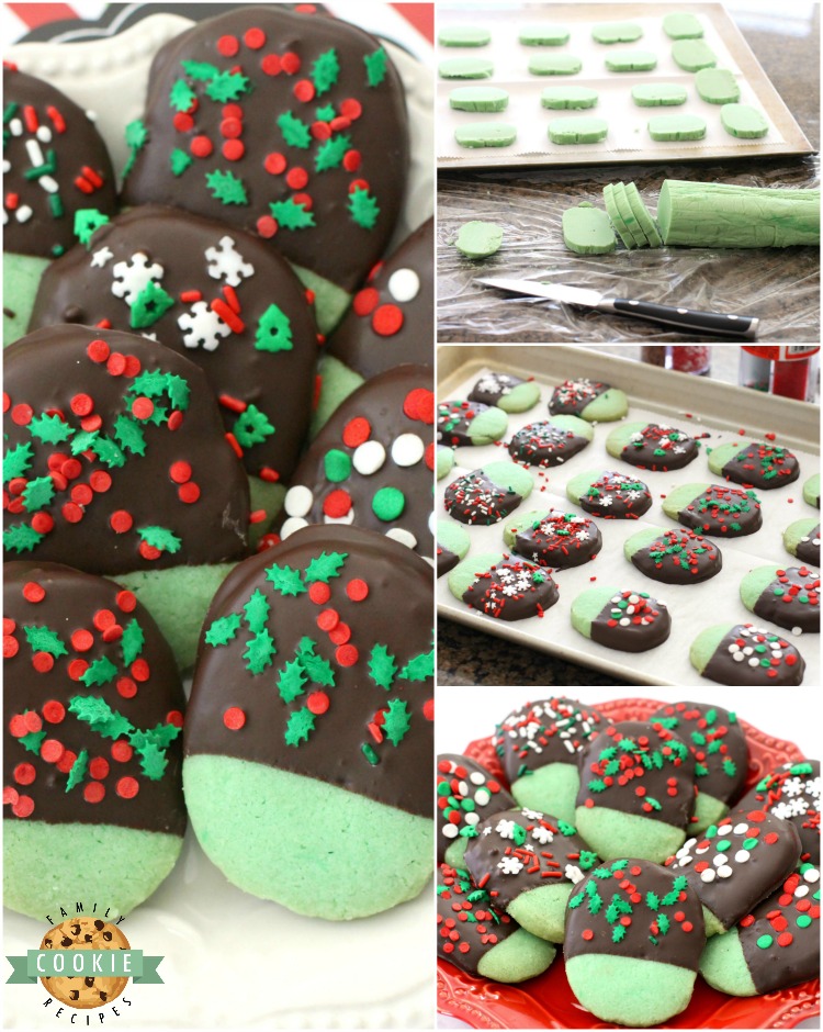 Mint Christmas Cookies made from a buttery shortbread cookie dipped in chocolate & topped with holiday sprinkles. Mint flavored Christmas Cookies perfect for cookie exchanges and gift plates!
