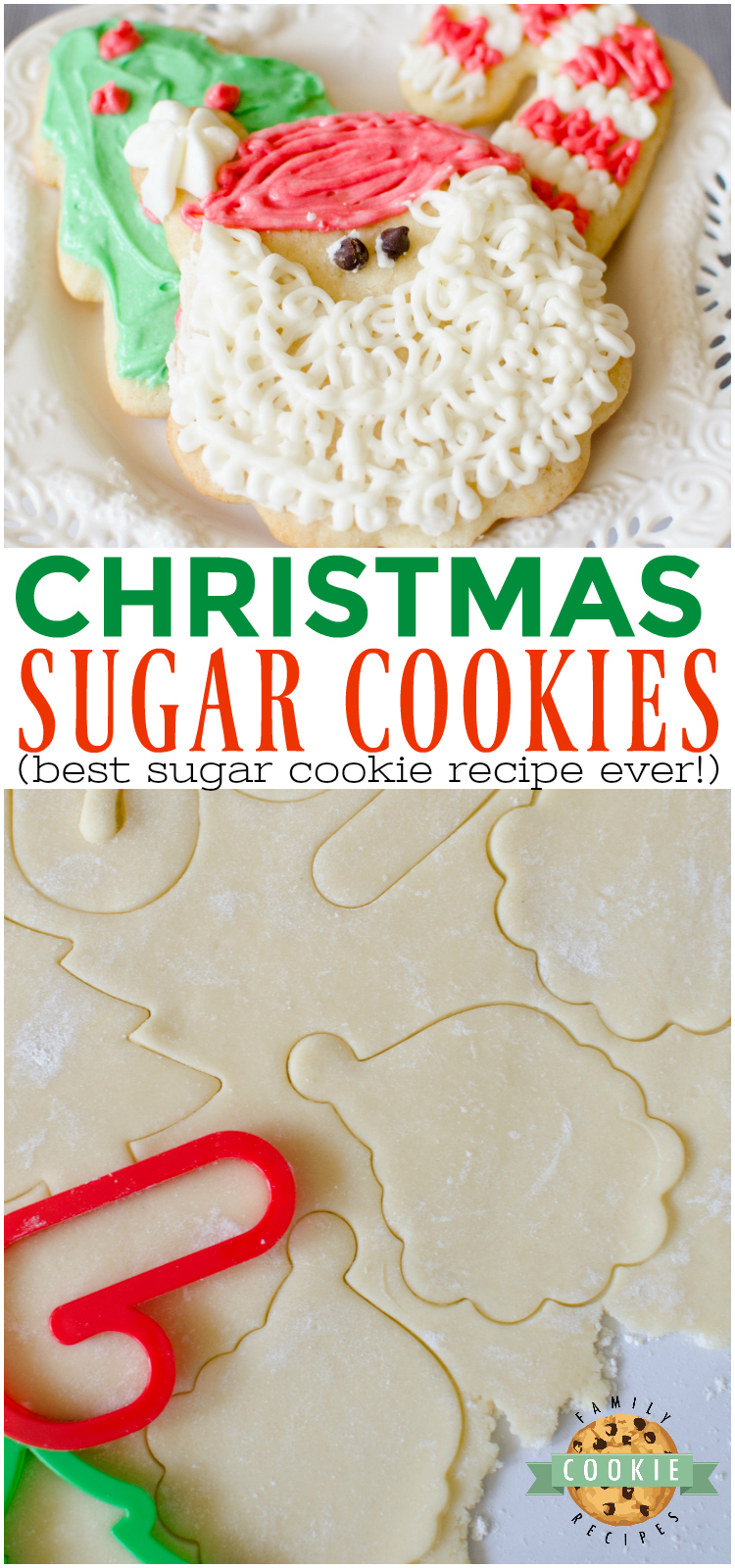 Christmas Sugar Cookies are a necessary holiday tradition at our house! This simple sugar cookie recipe produces soft, chewy and delicious cut-out cookies that can be decorated with a simple 4-ingredient buttercream frosting. via @buttergirls