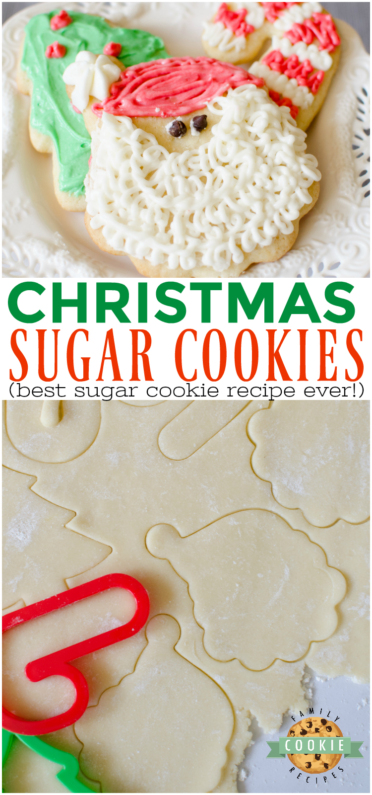 Christmas Sugar Cookies are a necessary holiday tradition at our house! This simple sugar cookie recipe produces soft, chewy and delicious cut-out cookies that can be decorated with a simple 4-ingredient buttercream frosting.