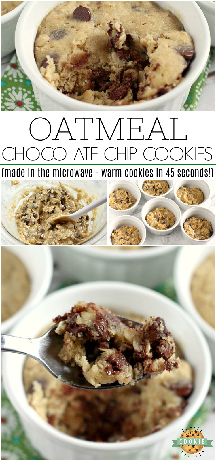 Oatmeal Chocolate Chip Cookies that are ready in less than 5 minutes! This basic oatmeal chocolate chip cookie recipe makes six soft and chewy mug cookies in the microwave - no oven required!