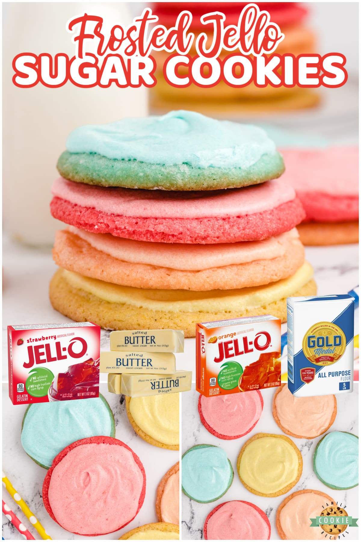 Jello Sugar Cookies are made with Jello in the cookies and the frosting! Soft sugar cookie recipe that can be made with any flavor and the simple buttercream frosting can be flavored to match. 