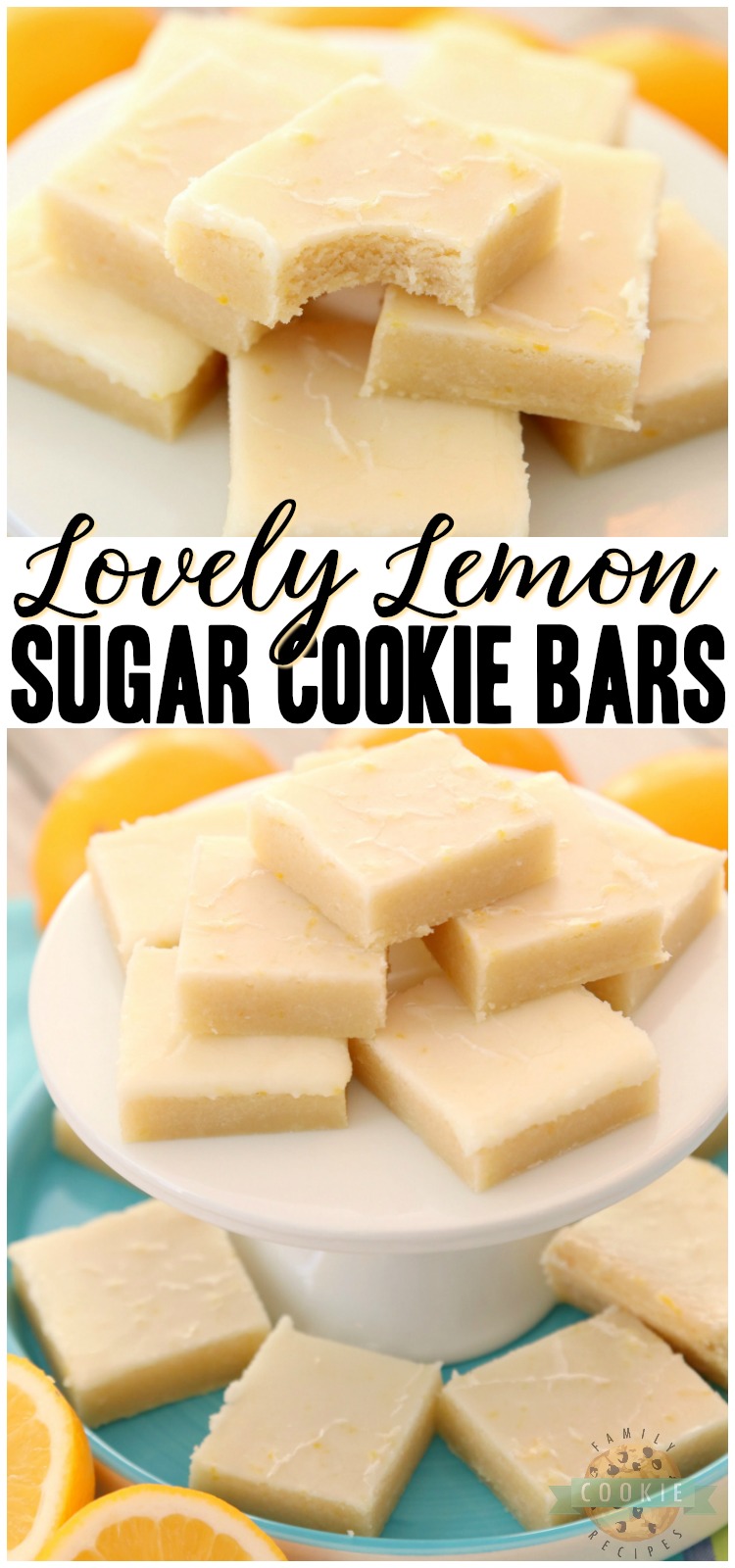 Lemon Sugar Cookie Bars made with a soft & chewy sugar cookie base then topped with a sweet lemon glaze. Easy recipe for sugar cookie bars! #lemon #sugarcookies #cookie #bars #baking #dessert #recipe from FAMILY COOKIE RECIPES