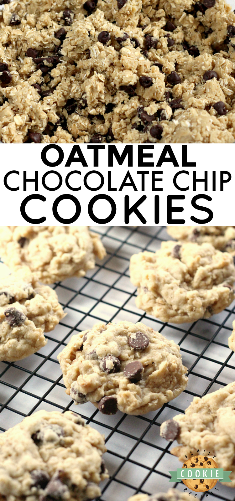 Oatmeal Chocolate Chip Cookies are chewy, delicious and loaded with oats and chocolate chips. This classic cookie recipe has been a family favorite for many years - it's the best Oatmeal Chocolate Chip Cookie recipe ever!