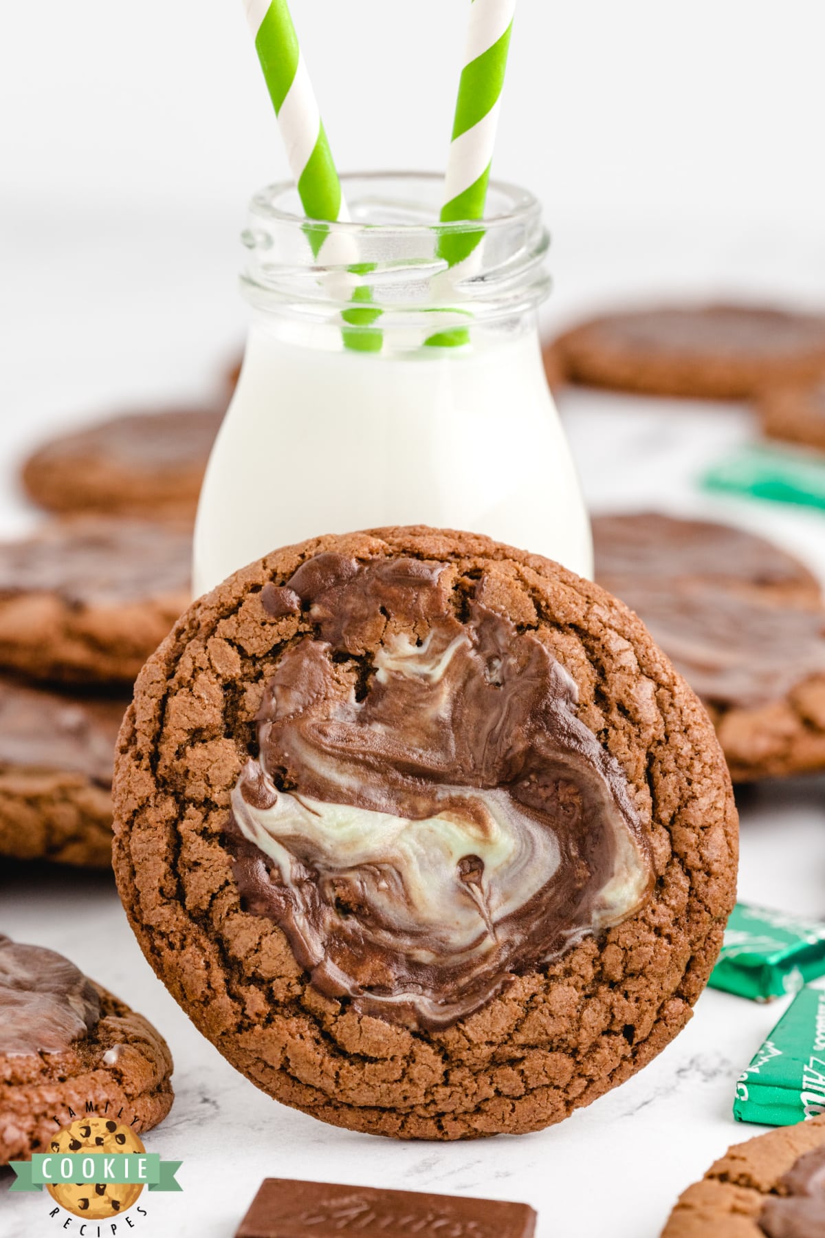 Mint chocolate cookie with a glass of milk