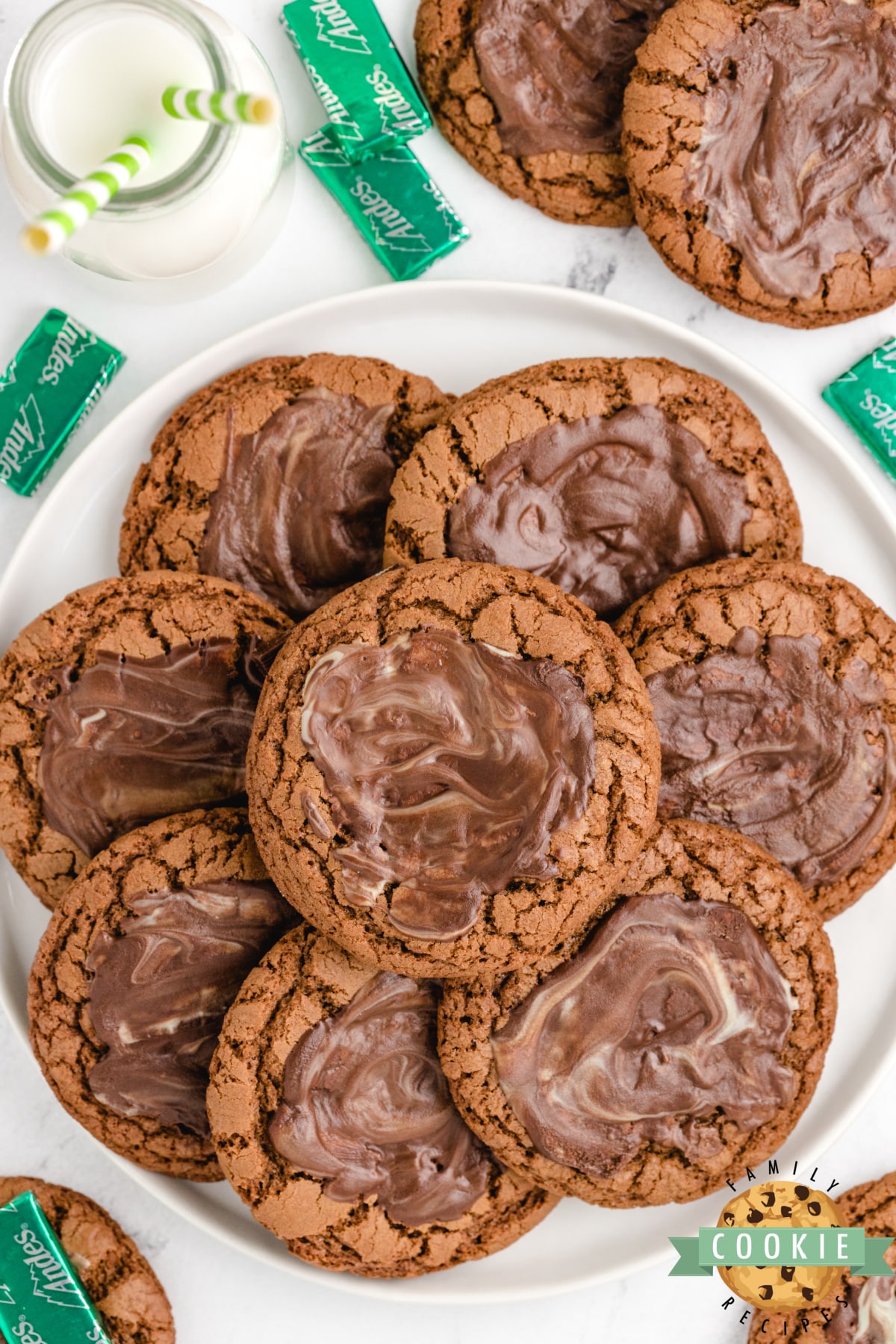 Chocolate cookies with a melted Andes mint on top