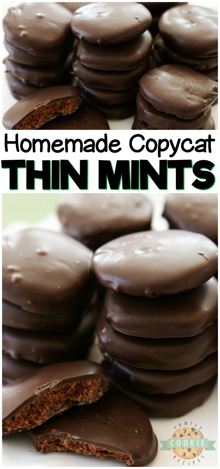 Thin Mints Cookies made with homemade buttery chocolate cookies dipped in mint fudge glaze. This simple recipe for copycat Thin Mints tastes even better than the original! #thinmints #thinmint #cookies #girlscout #baking #copycat #dessert #recipe from FAMILY COOKIE RECIPES