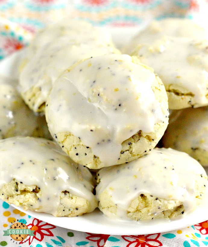 Lemon Poppyseed Cookies are easily made with a lemon cake mix, lemon zest, poppy seeds, eggs and butter. The lemon glaze on top is simple and delicious too!