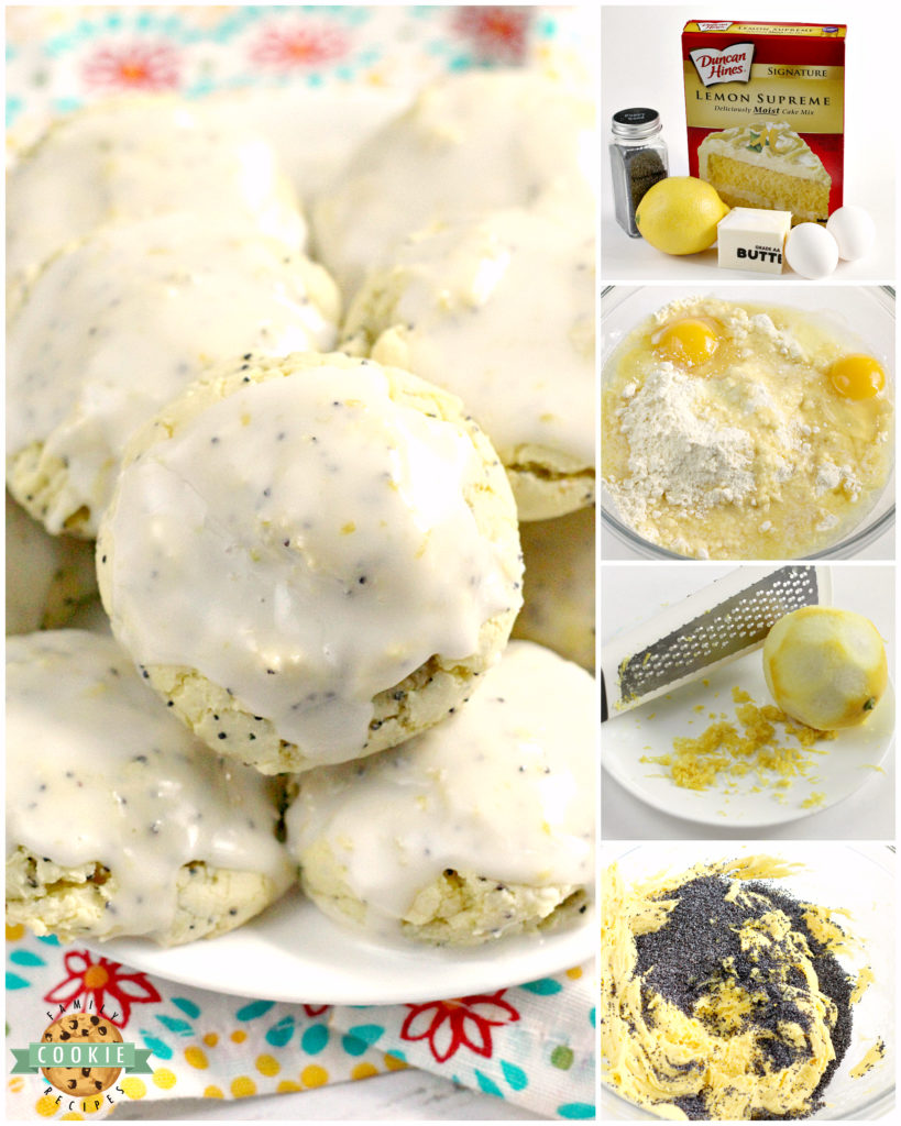 Lemon Poppyseed Cookies are easily made with a lemon cake mix, lemon zest, poppy seeds, eggs and butter. The lemon glaze on top is simple and delicious too!