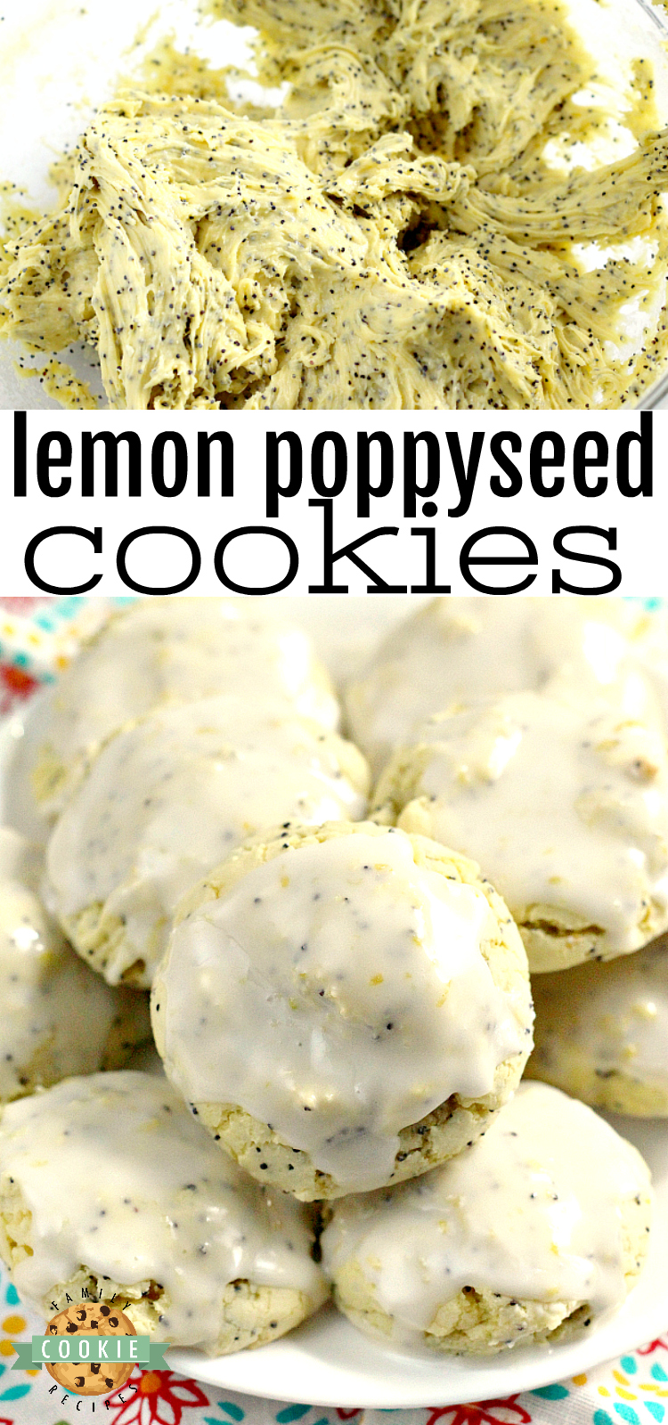 Lemon Poppyseed Cookies are easily made with a lemon cake mix, lemon zest, poppy seeds, eggs and butter. The lemon glaze on top is simple and delicious too!