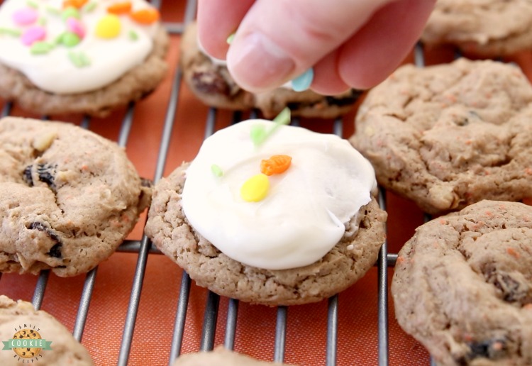 Carrot Cake Cookies are soft and chewy, flavorful carrot cake cookies made with a cake mix! Topped with a creamy cheesecake frosting, these carrot cake cookies are perfect for Easter! 