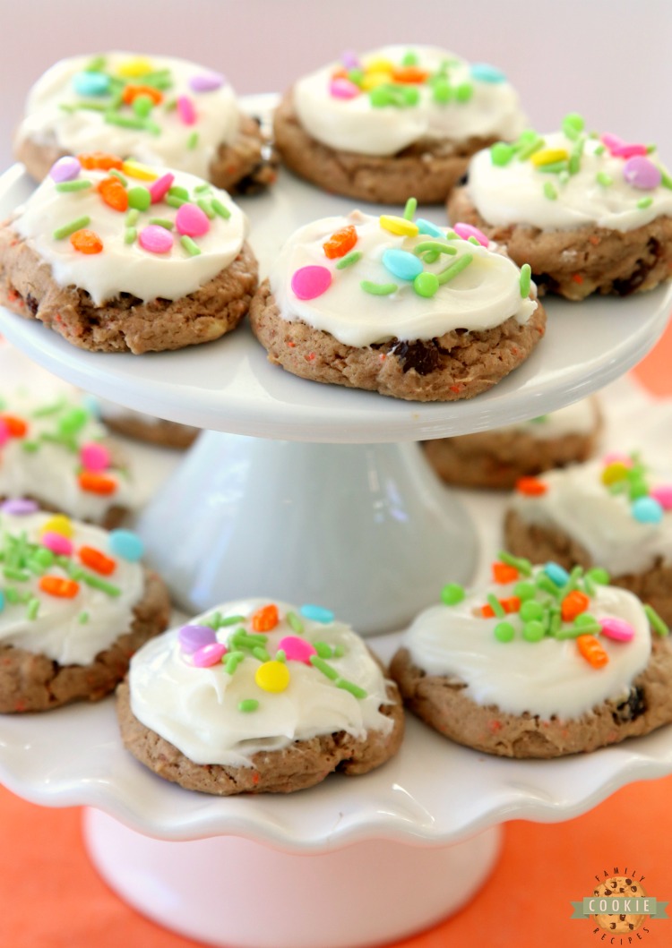 Carrot Cake Cookies are soft and chewy, flavorful carrot cake cookies made with a cake mix! Topped with a creamy cheesecake frosting, these carrot cake cookies are perfect for Easter! 