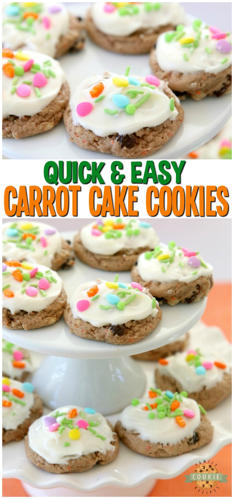 Carrot Cake Cookies are soft and chewy, flavorful carrot cake cookies made with a cake mix! Topped with a creamy cheesecake frosting, these carrot cake cookies are perfect for Easter!  #carrotcake #cookies #cakemix #cookie #Spring #Easter #recipe #dessert from FAMILY COOKIE RECIPES