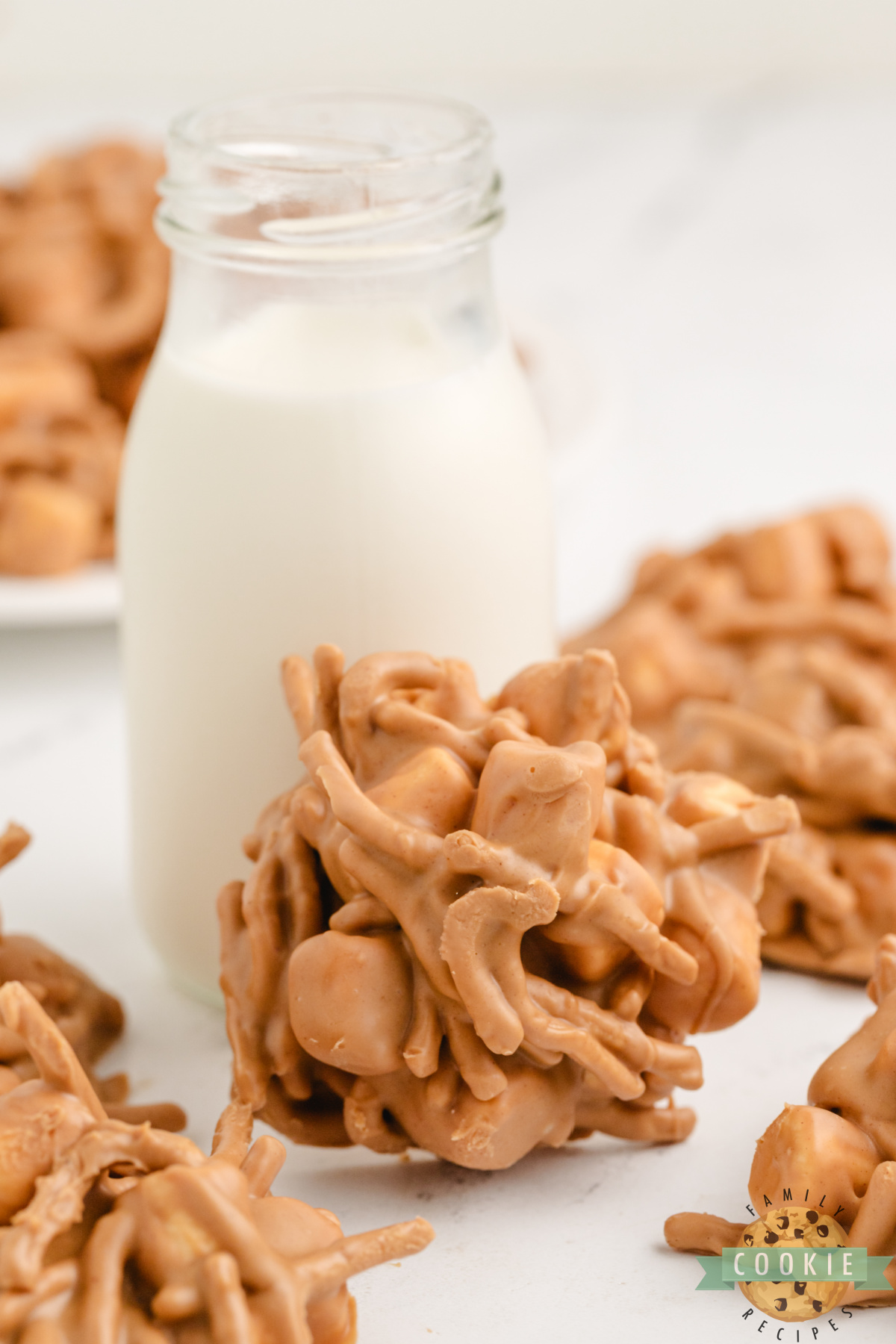 Close up of marshmallow peanut butter no bake cookies showing marshmallow and chow mein noodle texture