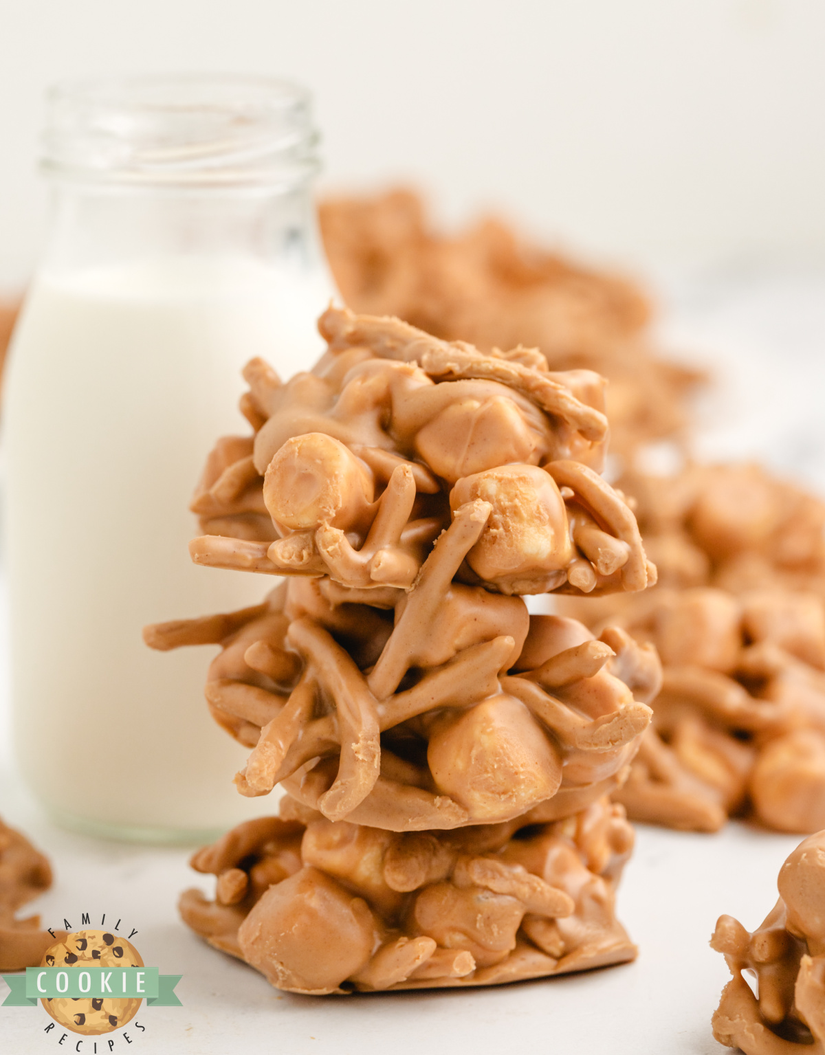 Stack of marshmallow peanut butter no bake cookies.
