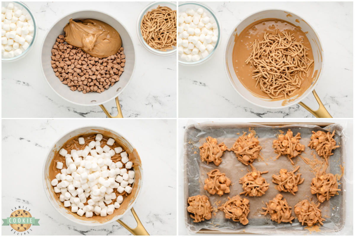 Step by step photos showing how to make marshmallow peanut butter no bake cookies.