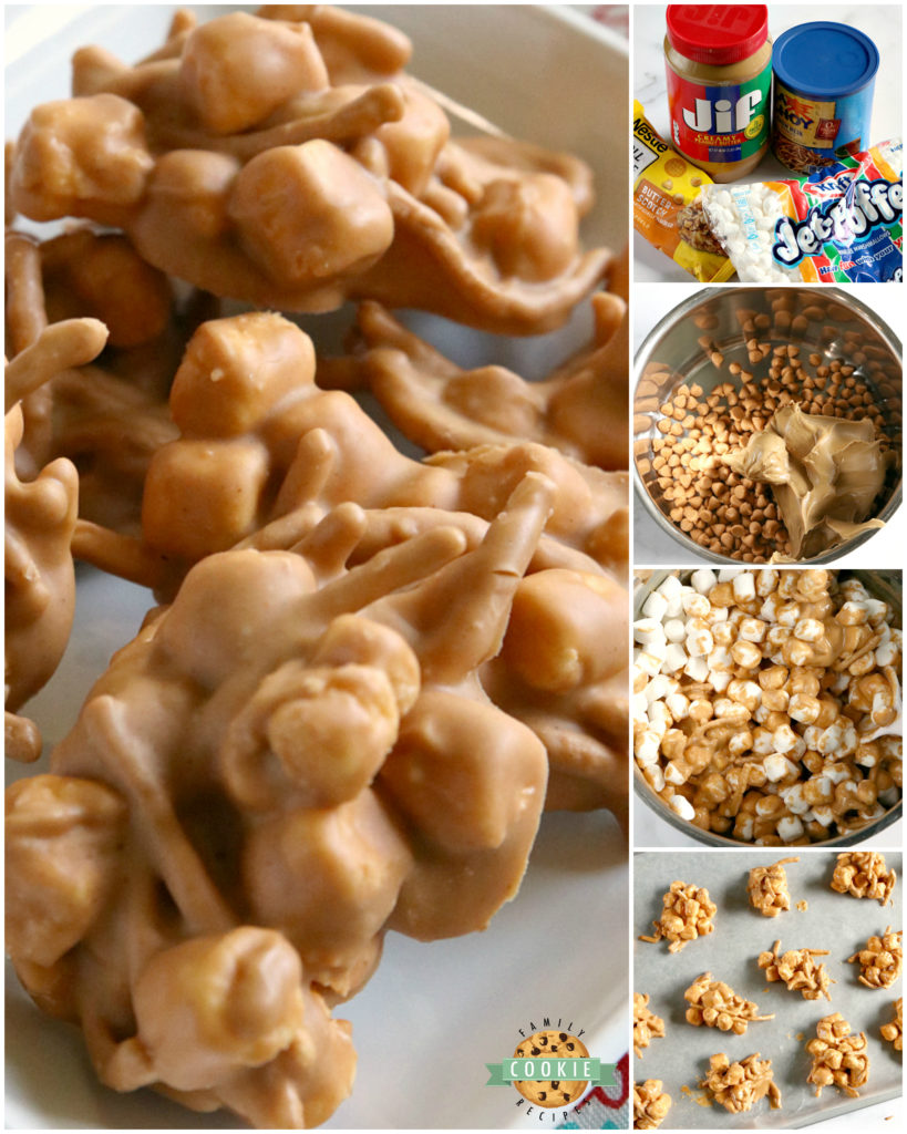 Marshmallow Peanut Butter No Bake Cookies are made with only 4 ingredients - marshmallows, peanut butter, butterscotch chips and chow mein noodles!
