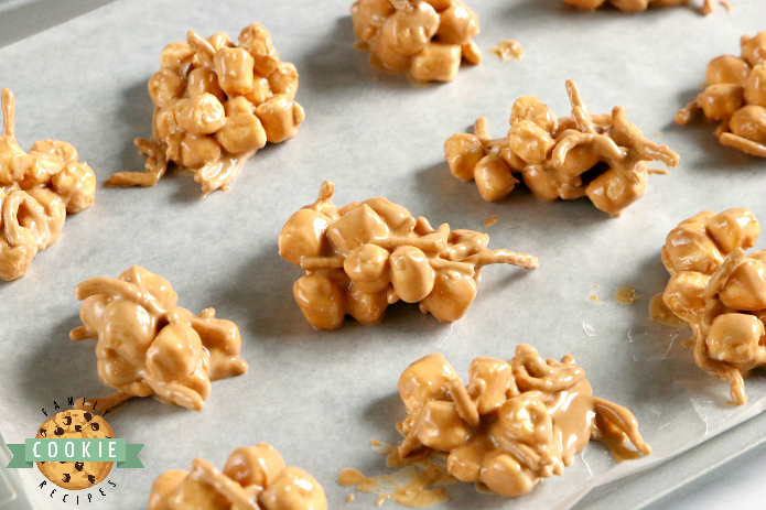Marshmallow Peanut Butter No Bake Cookies are made with only 4 ingredients - marshmallows, peanut butter, butterscotch chips and chow mein noodles!