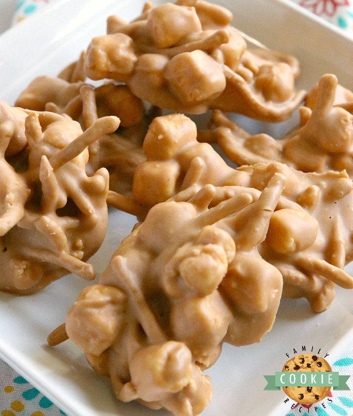 Marshmallow Peanut Butter No Bake Cookies are made with only 4 ingredients - marshmallows, peanut butter, butterscotch chips and chow mein noodles!