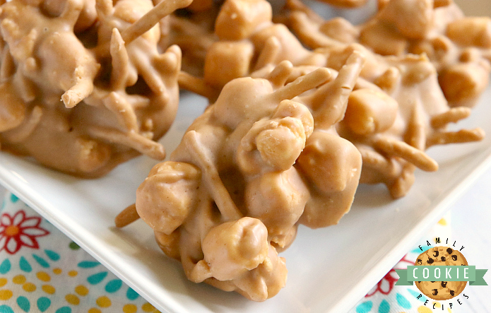 Marshmallow Peanut Butter No Bake Cookies are made with only 4 ingredients - marshmallows, peanut butter, butterscotch chips and chow mein noodles!