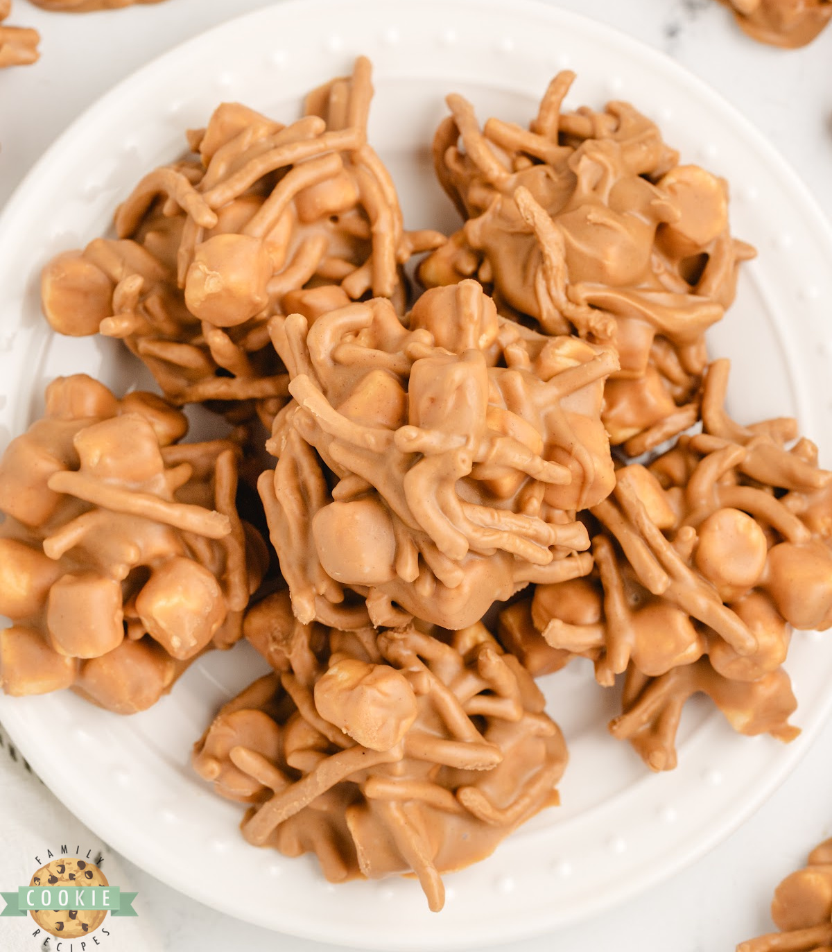 Close up of marshmallow peanut butter no bake cookies showing marshmallow and chow mein noodle texture