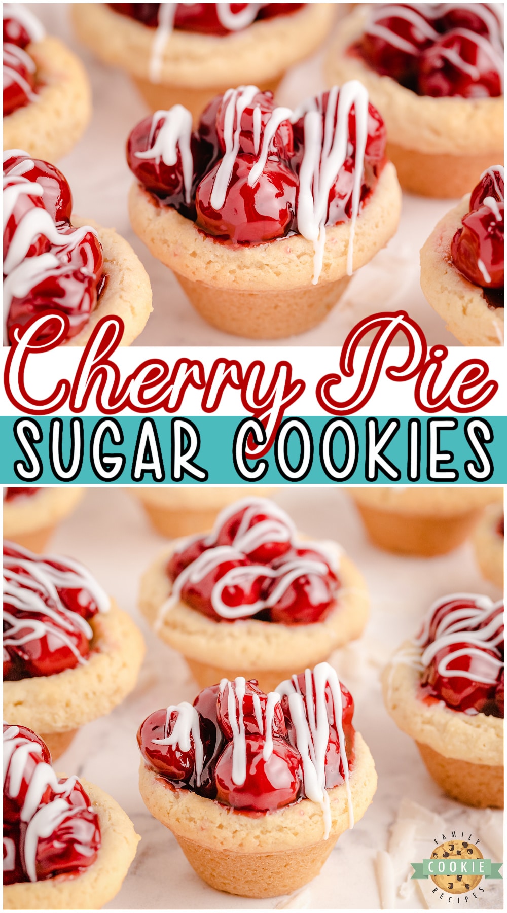 Cherry Pie Cookies are cherry pie in cookie form! Easy to make sugar cookies filled with sweet cherries and drizzled with white chocolate. #cookies #cherrypie #baking #dessert from FAMILY COOKIE RECIPES via @buttergirls