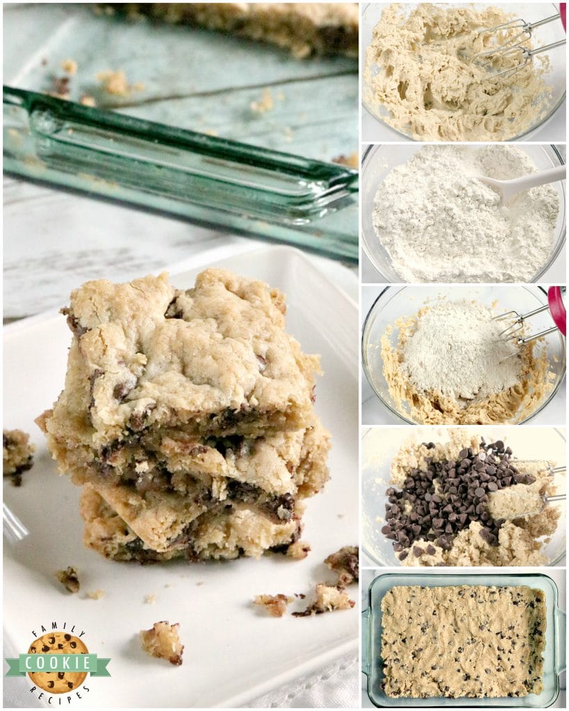 Oatmeal Chocolate Chip Cookie Bars are soft, chewy and easy to make when you don't have time to scoop individual cookies! This delicious cookie bar recipe is filled with oats and chocolate chips and comes together in just a few minutes.
