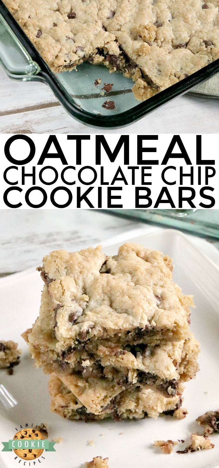 Oatmeal Chocolate Chip Cookie Bars are soft, chewy and easy to make when you don't have time to scoop individual cookies! This delicious cookie bar recipe is filled with oats and chocolate chips and comes together in just a few minutes.