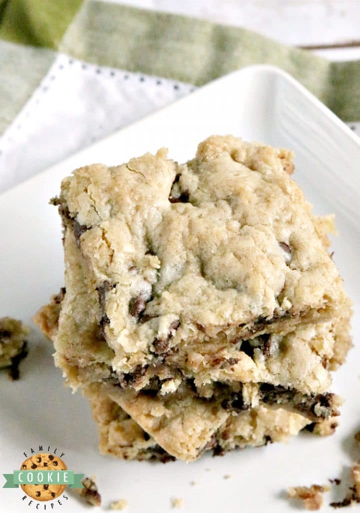 Oatmeal Chocolate Chip Cookie Bars are soft, chewy and easy to make when you don't have time to scoop individual cookies! This delicious cookie bar recipe is filled with oats and chocolate chips and comes together in just a few minutes.