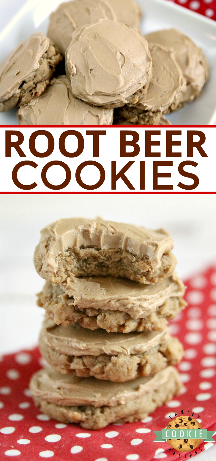 Root Beer Cookies are soft and delicious with root beer extract in the cookies and the buttercream frosting on top. via @buttergirls