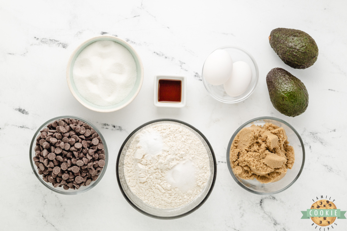 Ingredients in Avocado Chocolate Chip Cookies recipe.