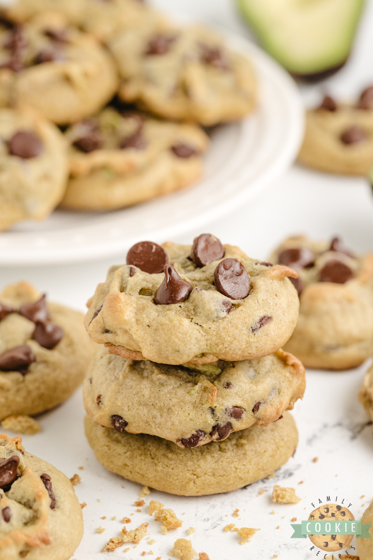 A pile of avocado chocolate chip cookies.