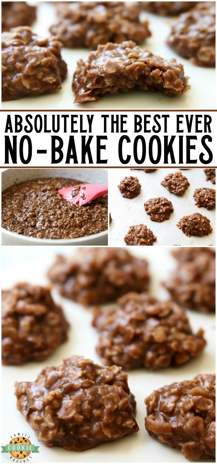 Easy No Bake Cookies are simple, oatmeal chocolate cookies that don't require baking time! I've tried many & this peanut butter no bake cookies recipe is the absolute BEST. #nobake #cookies #chocolate #peanutbutter #oatmeal #dessert #recipe from FAMILY COOKIE RECIPES