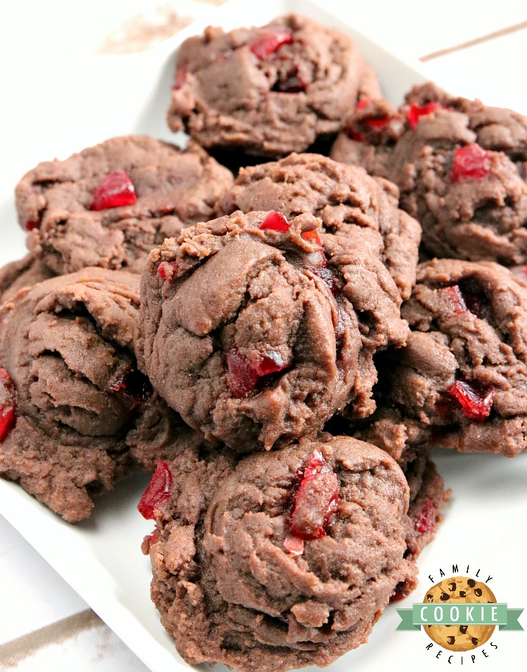 Cherry Chocolate Cookies are soft, chewy and full of cherries! There is chocolate pudding mix in these cookies which gives them the perfect flavor and consistency every time. 
