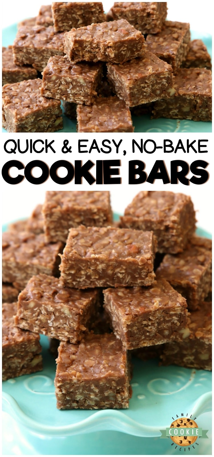 No Bake Cookie Bars recipe is a quick variation on THE BEST no bake cookies recipe. Made with quick oats & chocolate chips, these no bake oatmeal cookies couldn't be tastier! #nobake #cookies #chocolate #dessert #oats #recipe from FAMILY COOKIE RECIPES