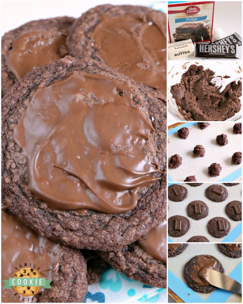 Easy Brownie Cookies are easily made with a brownie mix, butter and an egg and then frosted with a little bit of a melted Hershey bar. One of the easiest cookie recipes ever and they taste just like brownies...in cookie form!