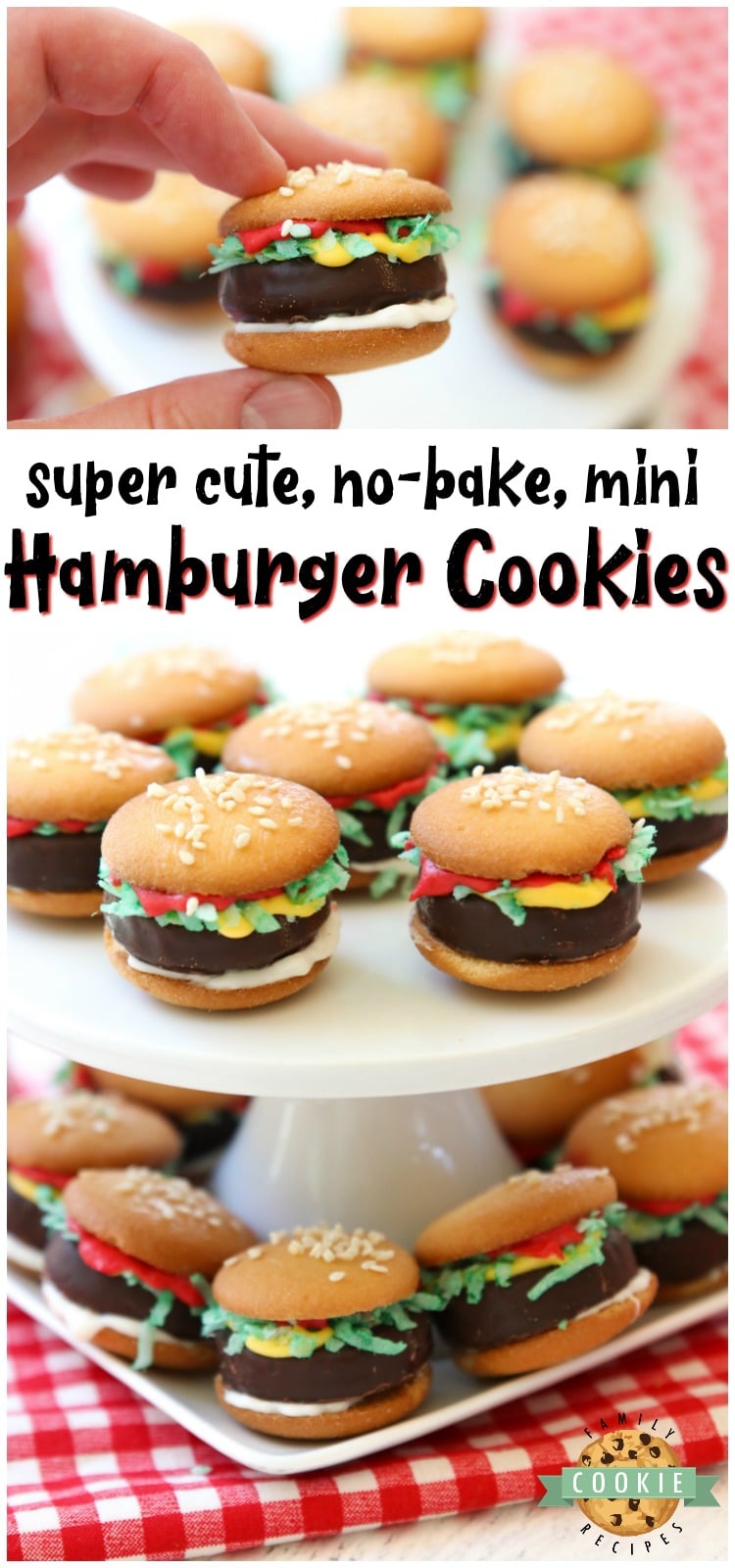 Mini Hamburger Cookies made from Nilla Wafers, York Peppermint Patties and melted candy! Super cute no-bake hamburger cookies that kids go crazy over! #cookies #nobake #hamburgers #burgers #miniburgers #candy #dessert #kidfood from FAMILY COOKIE RECIPES