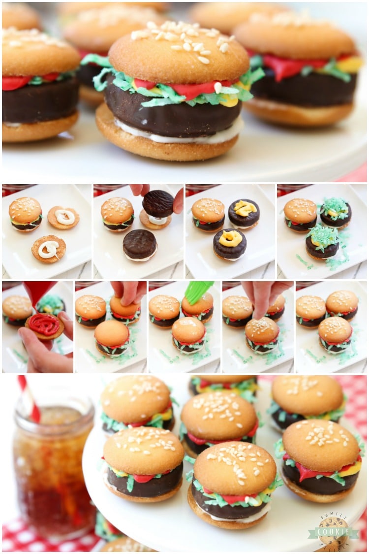 Mini Hamburger Cookies made from Nilla Wafers, York Peppermint Patties and melted candy! Super cute no-bake hamburger cookies that kids go crazy over!