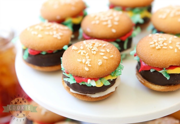 Mini Hamburger Cookies made from Nilla Wafers, York Peppermint Patties and melted candy! Super cute no-bake hamburger cookies that kids go crazy over!