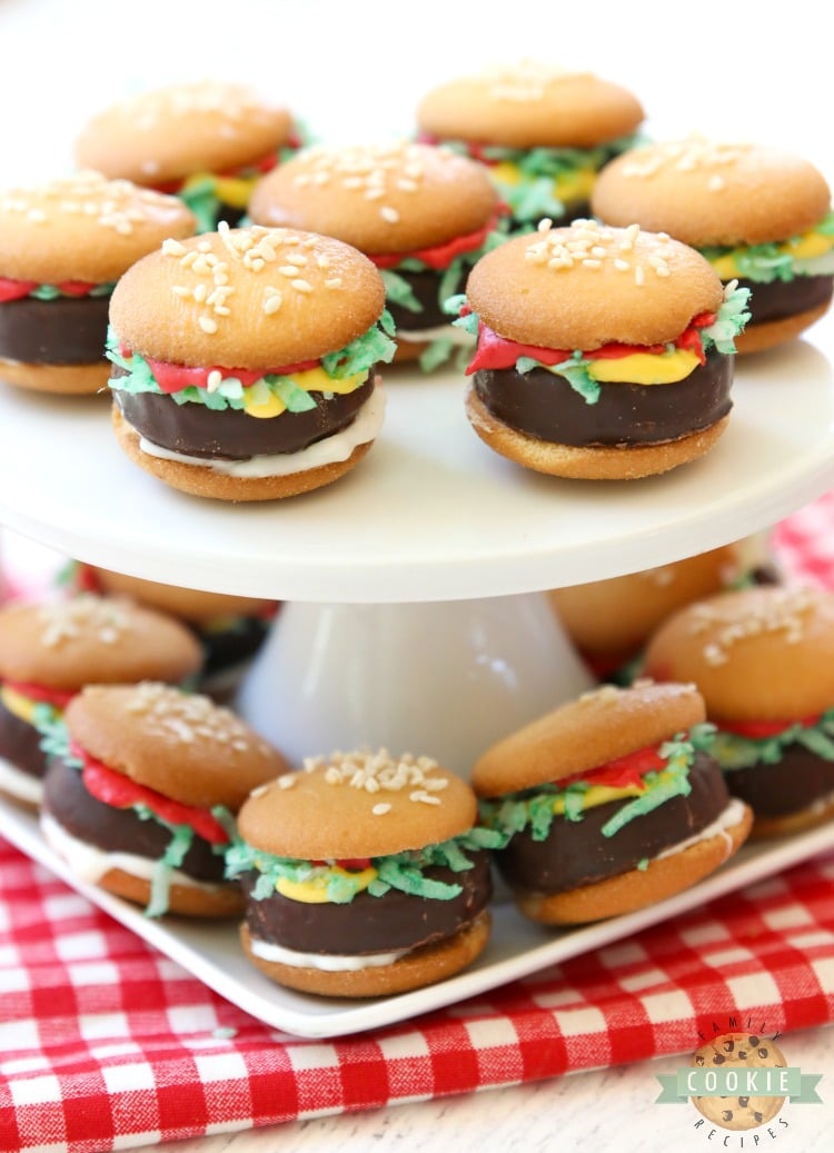 Mini Hamburger Cookies made from Nilla Wafers, York Peppermint Patties and melted candy! Super cute no-bake hamburger cookies that kids go crazy over!