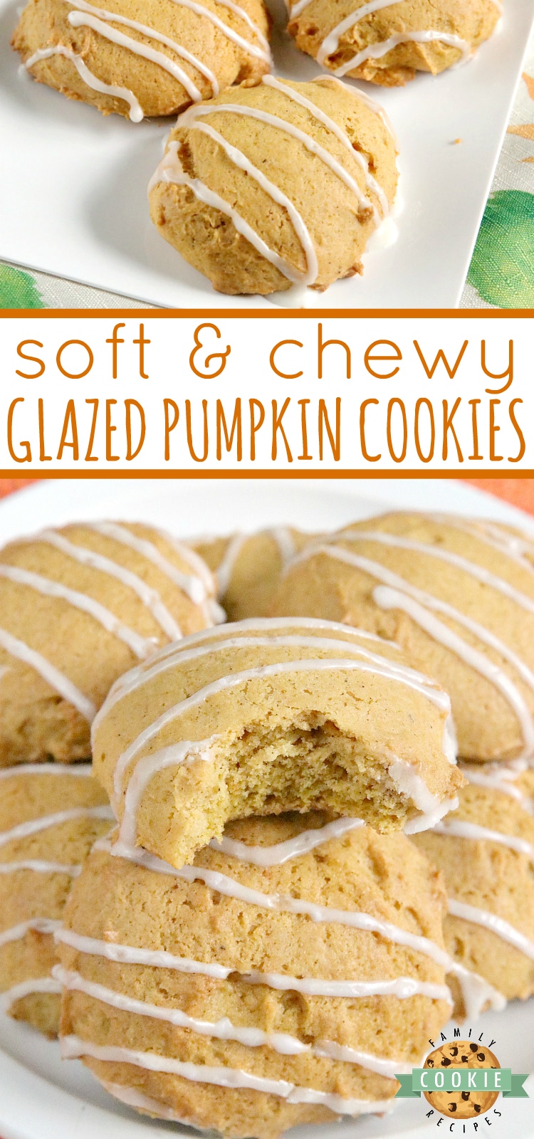 Glazed Pumpkin Cookies are soft and chewy and packed with pumpkin, nutmeg and cinnamon. This delicious pumpkin cookie recipe is easy to make and is even more delicious with the simple vanilla glaze drizzled on top.