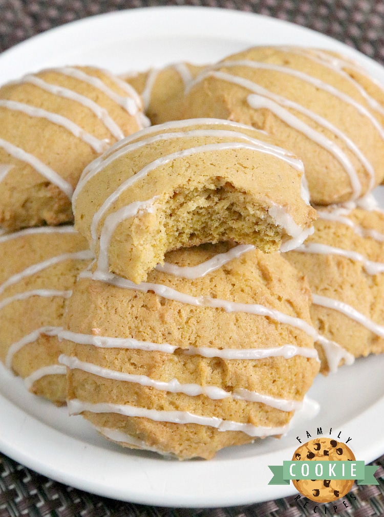 Glazed Pumpkin Cookies are soft and chewy and packed with pumpkin, nutmeg and cinnamon. This delicious pumpkin cookie recipe is easy to make and is even more delicious with the simple vanilla glaze drizzled on top.