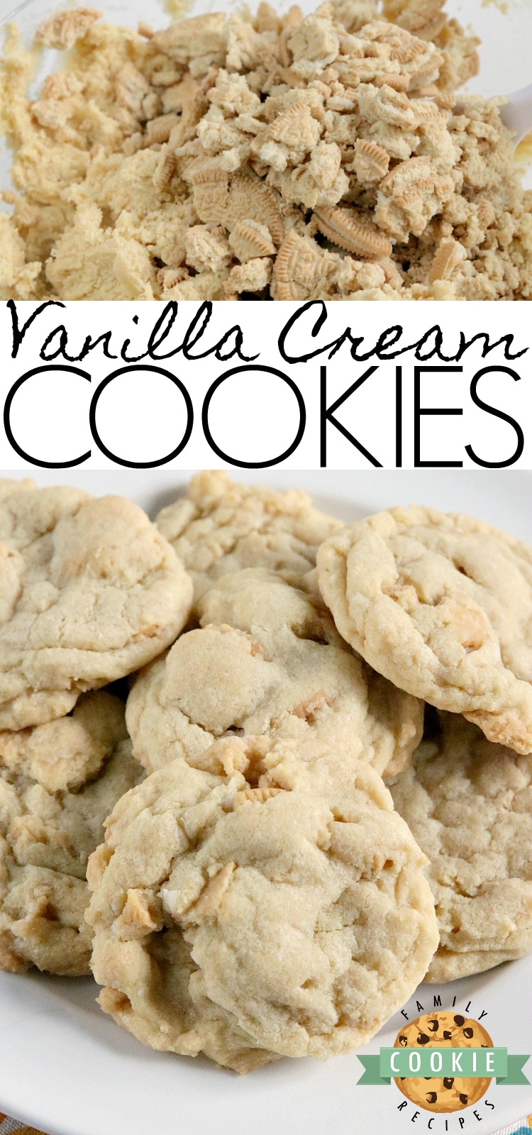 Vanilla Cream Cookies are soft, chewy and full of vanilla flavor. This simple cookie recipe is made with vanilla pudding mix and lots of crushed Golden Oreos - they are amazing!