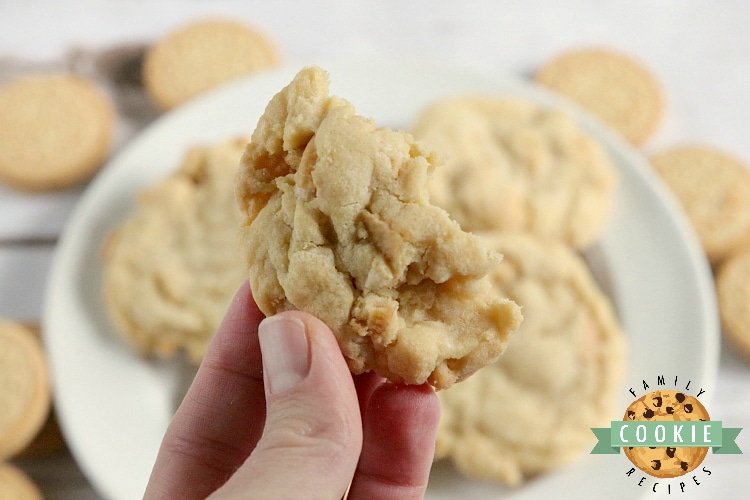 Bite of a vanilla cream cookie