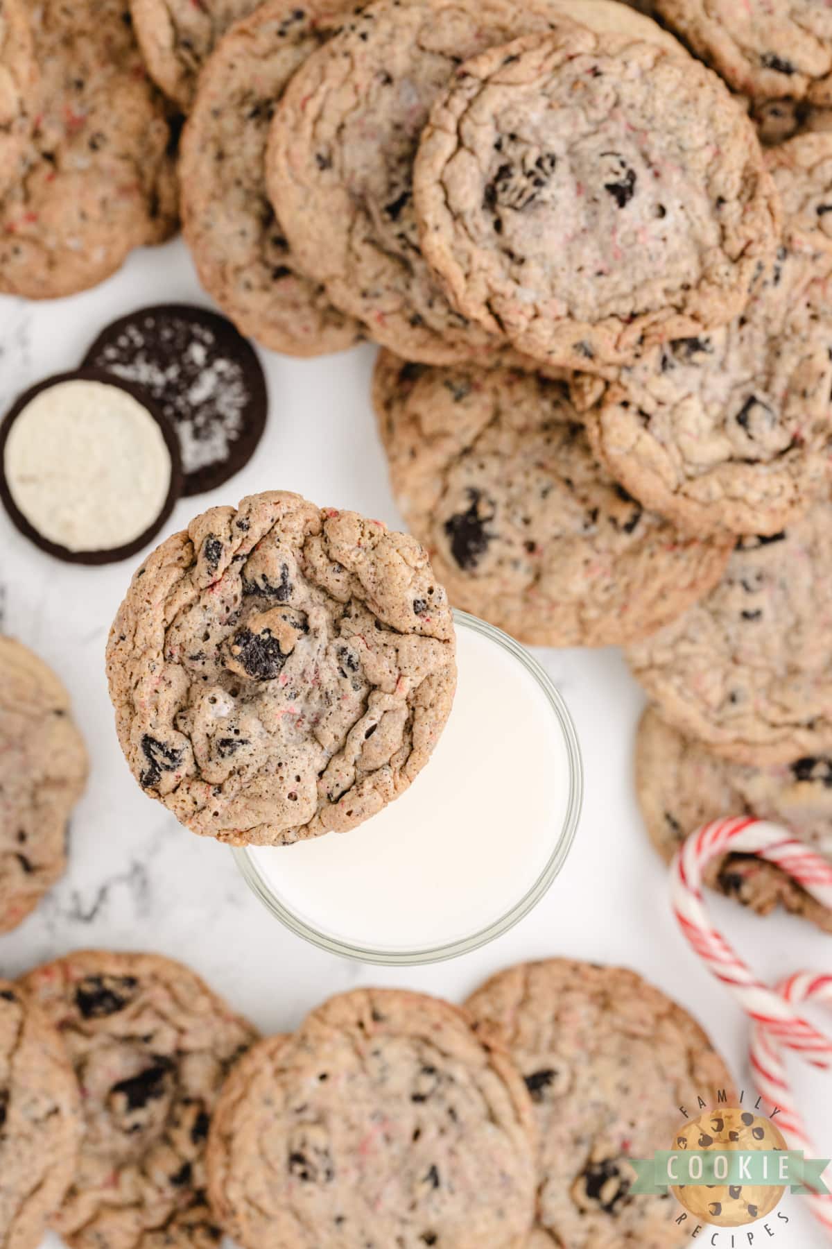 Cookies with oreos and crushed candy canes. 