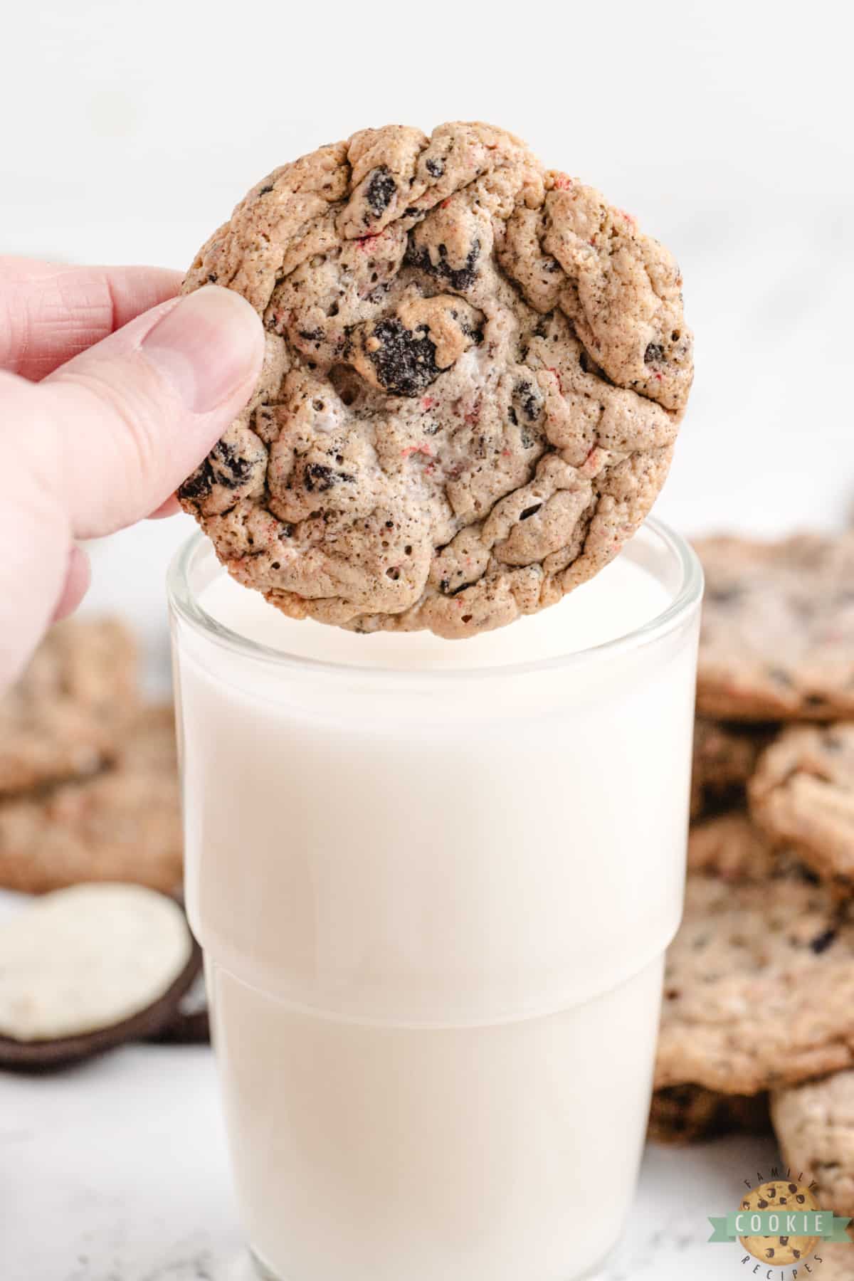 Dipping a peppermint oreo cookie in milk. 