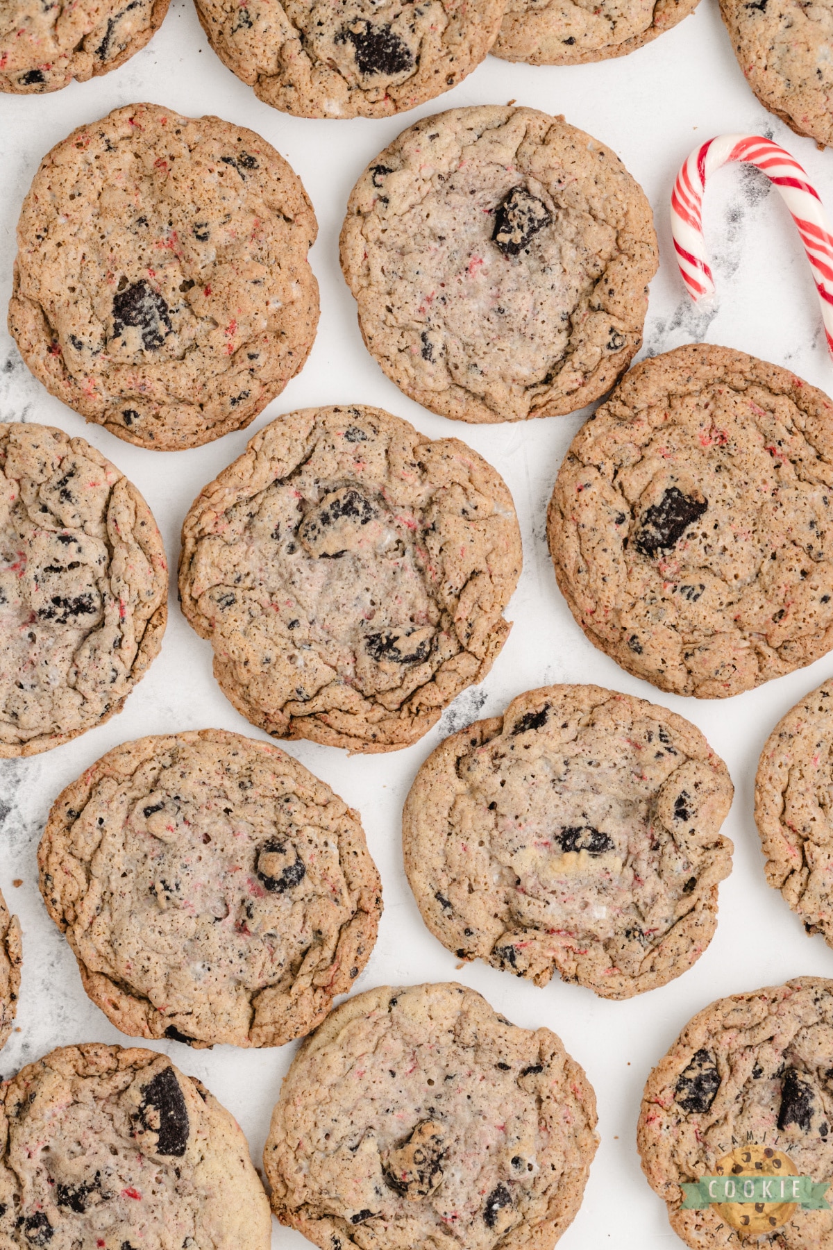Cookies with Oreo chunks and candy canes. 